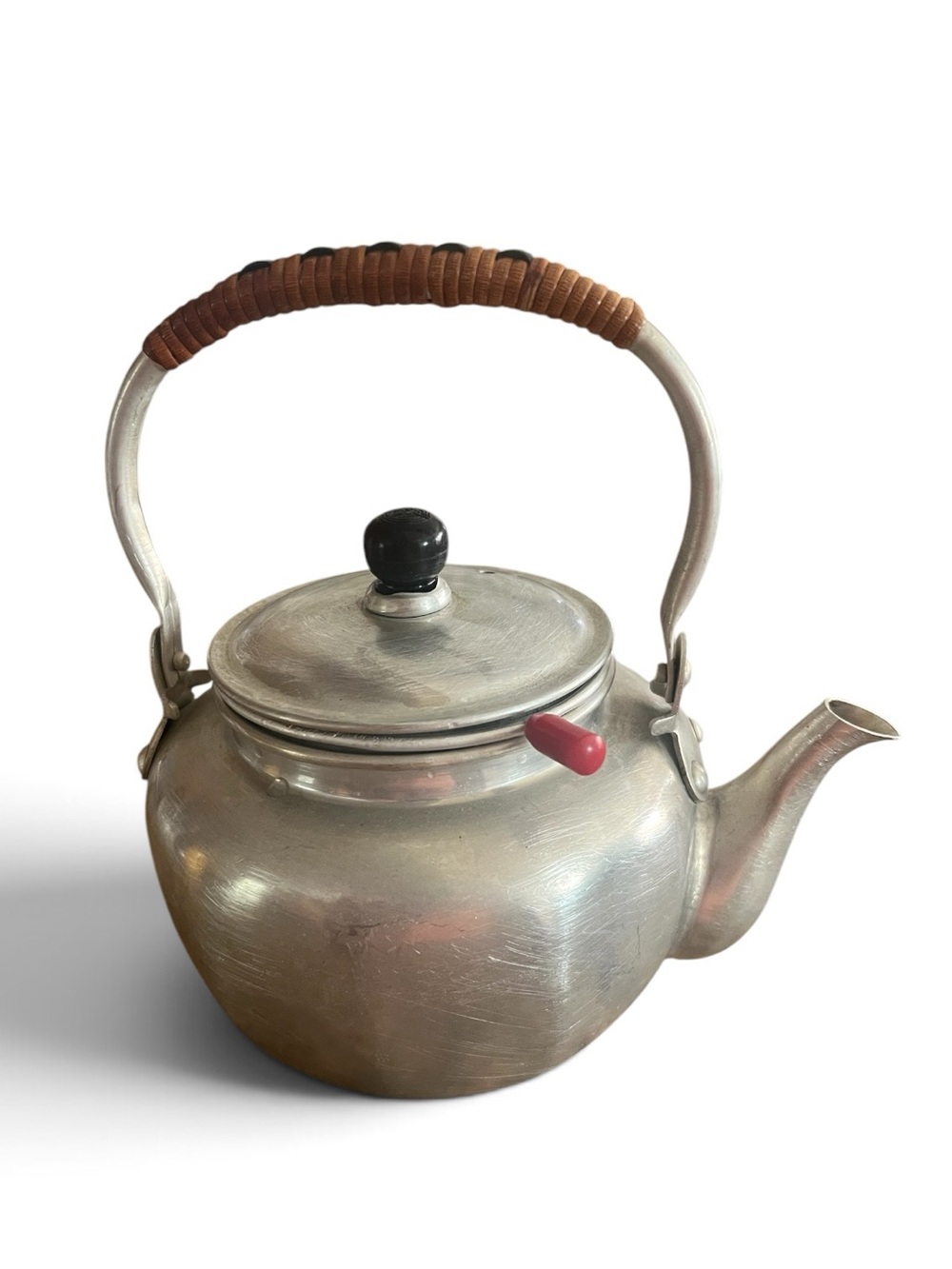 Vintage Made in Japan Aluminum Teapot with Wicker Handle & Infuser